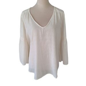 Old Navy Womens XL White Metallic Stripes Lace Trim Bell Sleeves Top Cottagecore